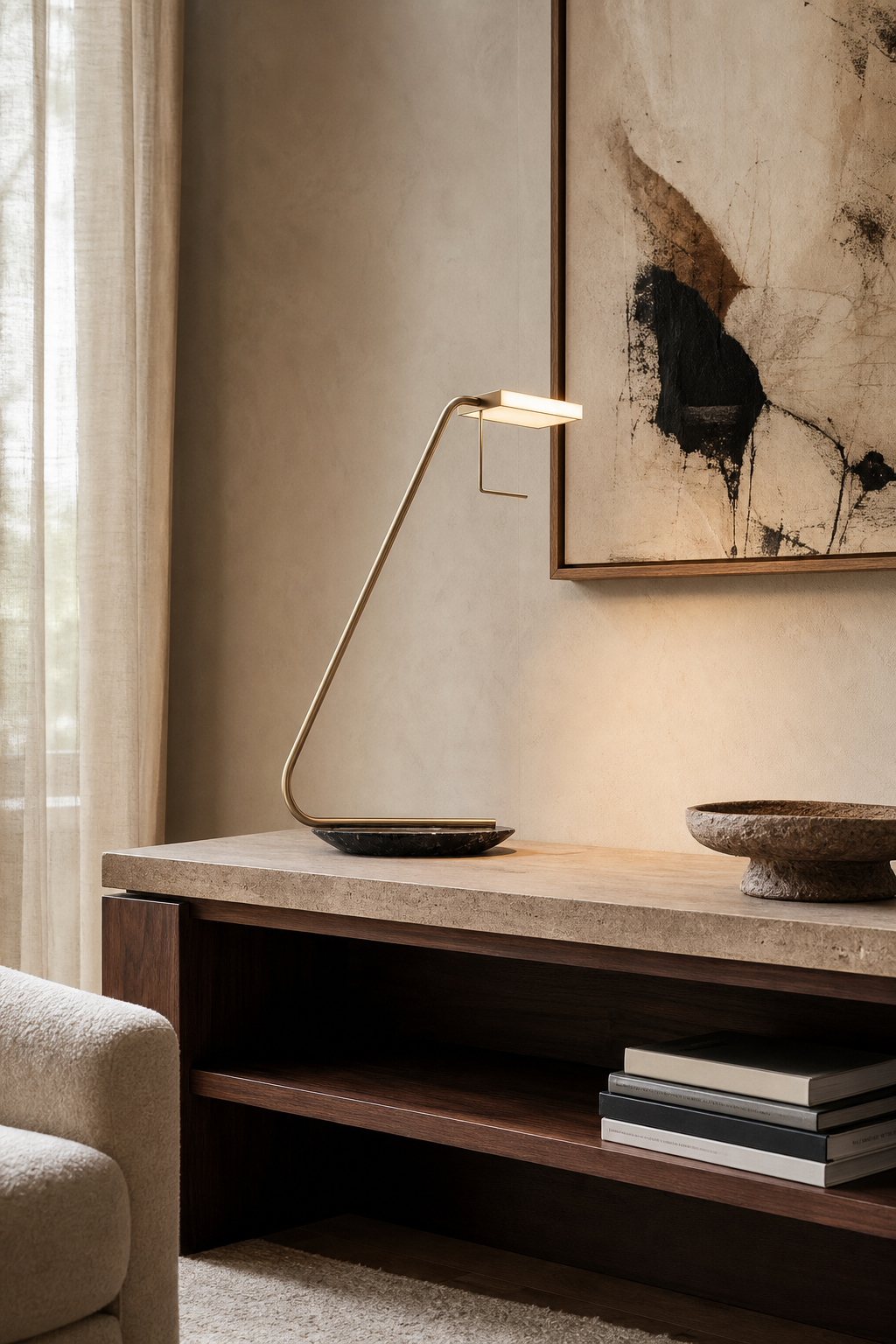 Antique Brass Marble LED Table Lamp styled in a designer interior, view 3