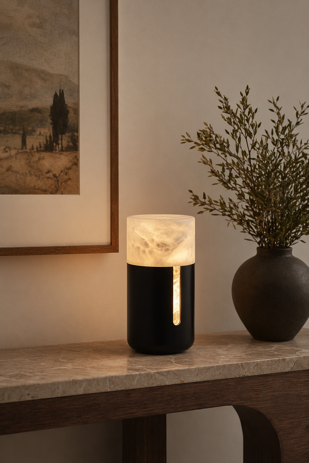 Modern Alabaster Cylinder Table Lamp in Matte Black - product image 05