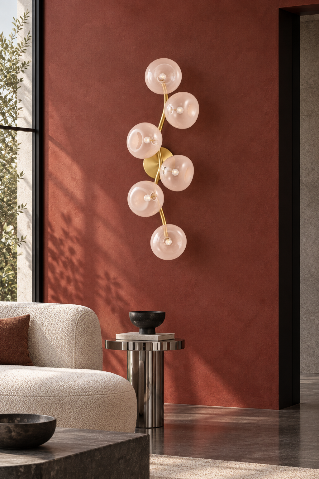 Modern Glass Globe Branch Wall Sconce in Natural Brass - 6-shade blush glass sconce in contemporary oxblood lounge