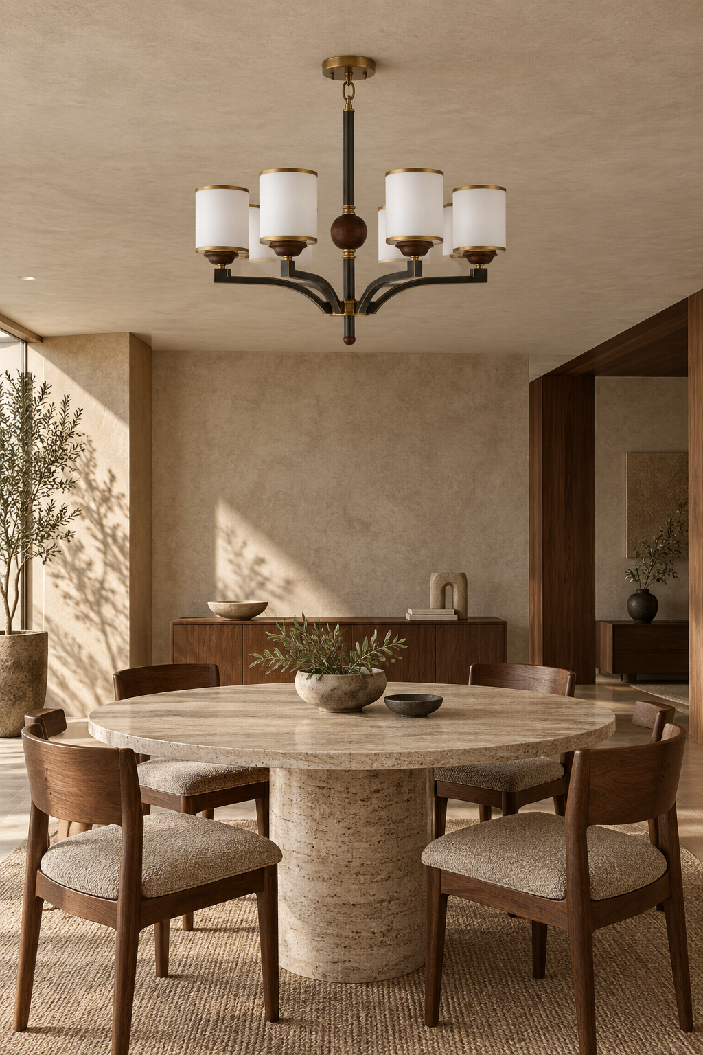 Cylmere six-light chandelier centered above a round travertine table in a warm-brutalist dining room, fixture off