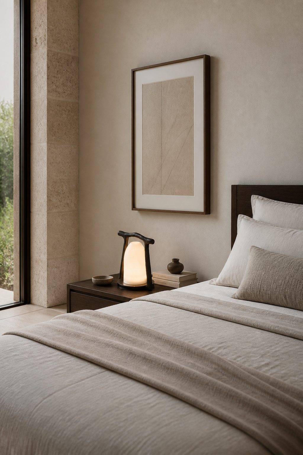 Sculptural Alabaster and Cast Brass Table Lamp — daylight bedroom wide