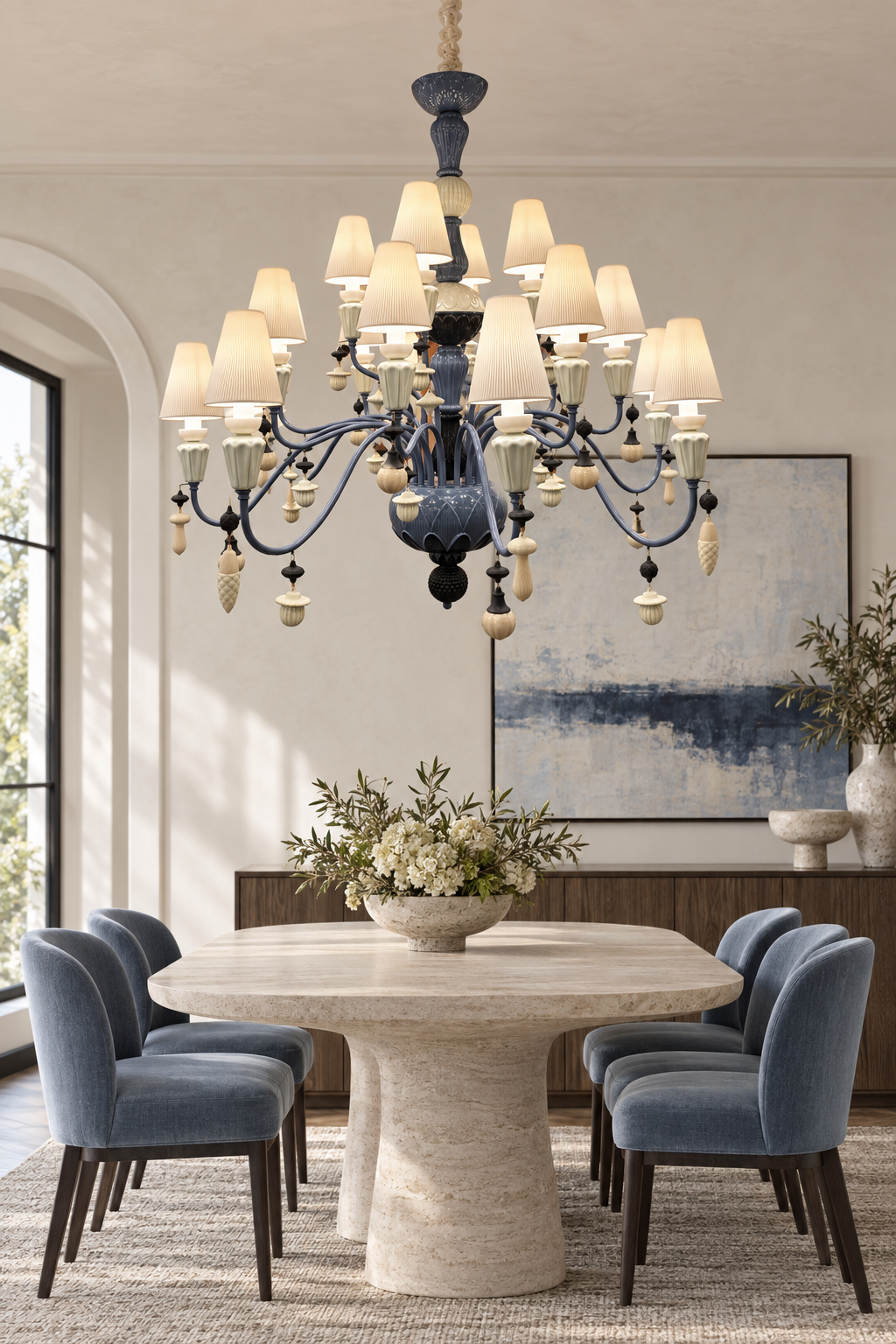 Mirevelle blue-gray botanical ceramic chandelier – dining room – media 3