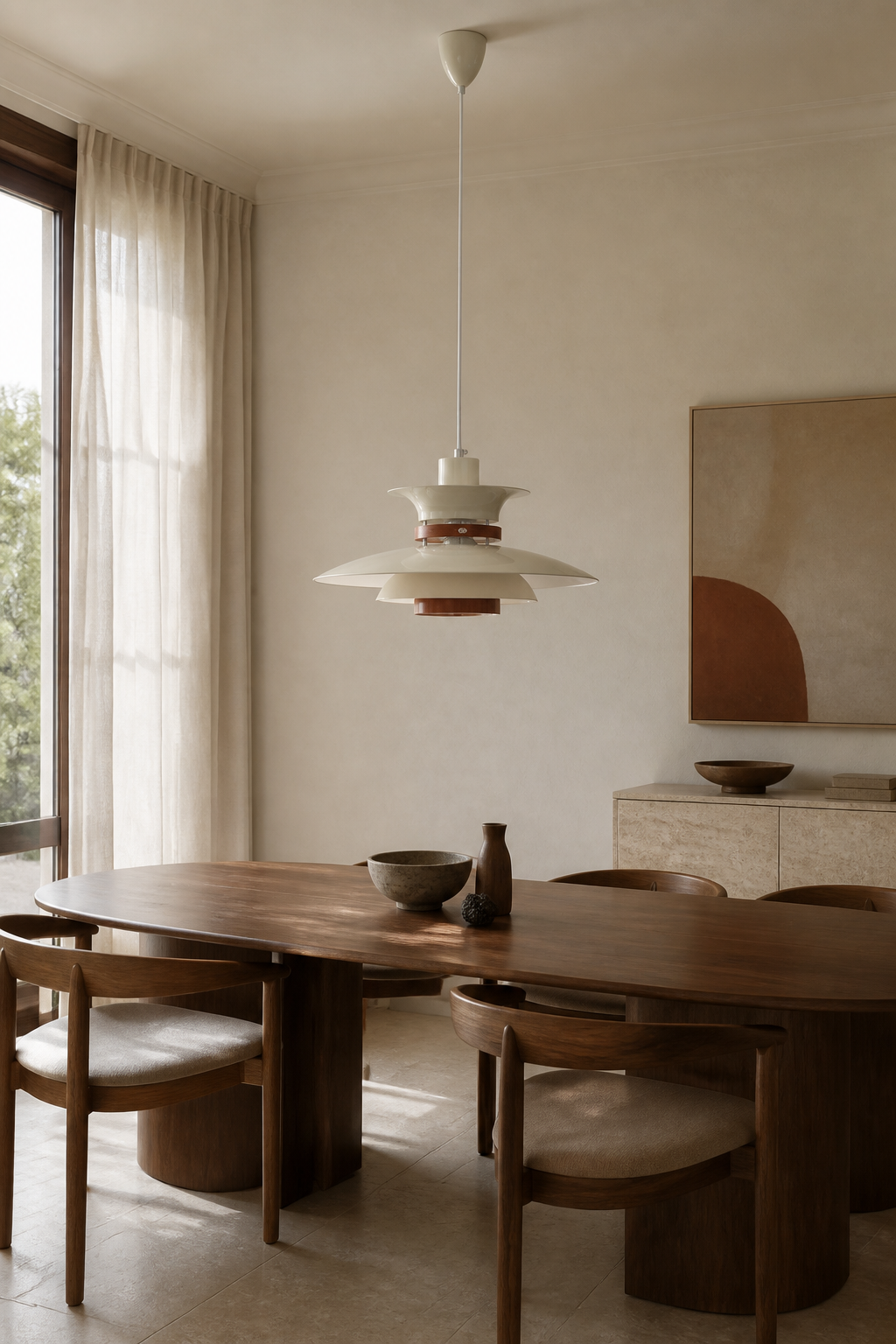 Layered Aluminum and Walnut Pendant Light — pendant over a dining table in daylight