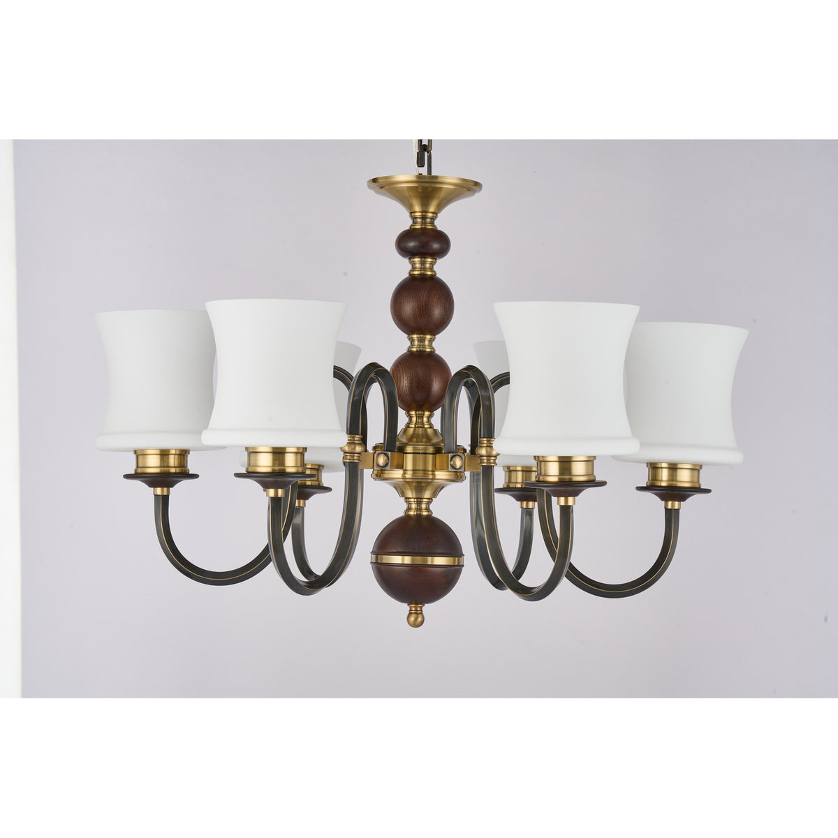 Supplier real photograph of the unlit Ebonelle six-light chandelier complete front view