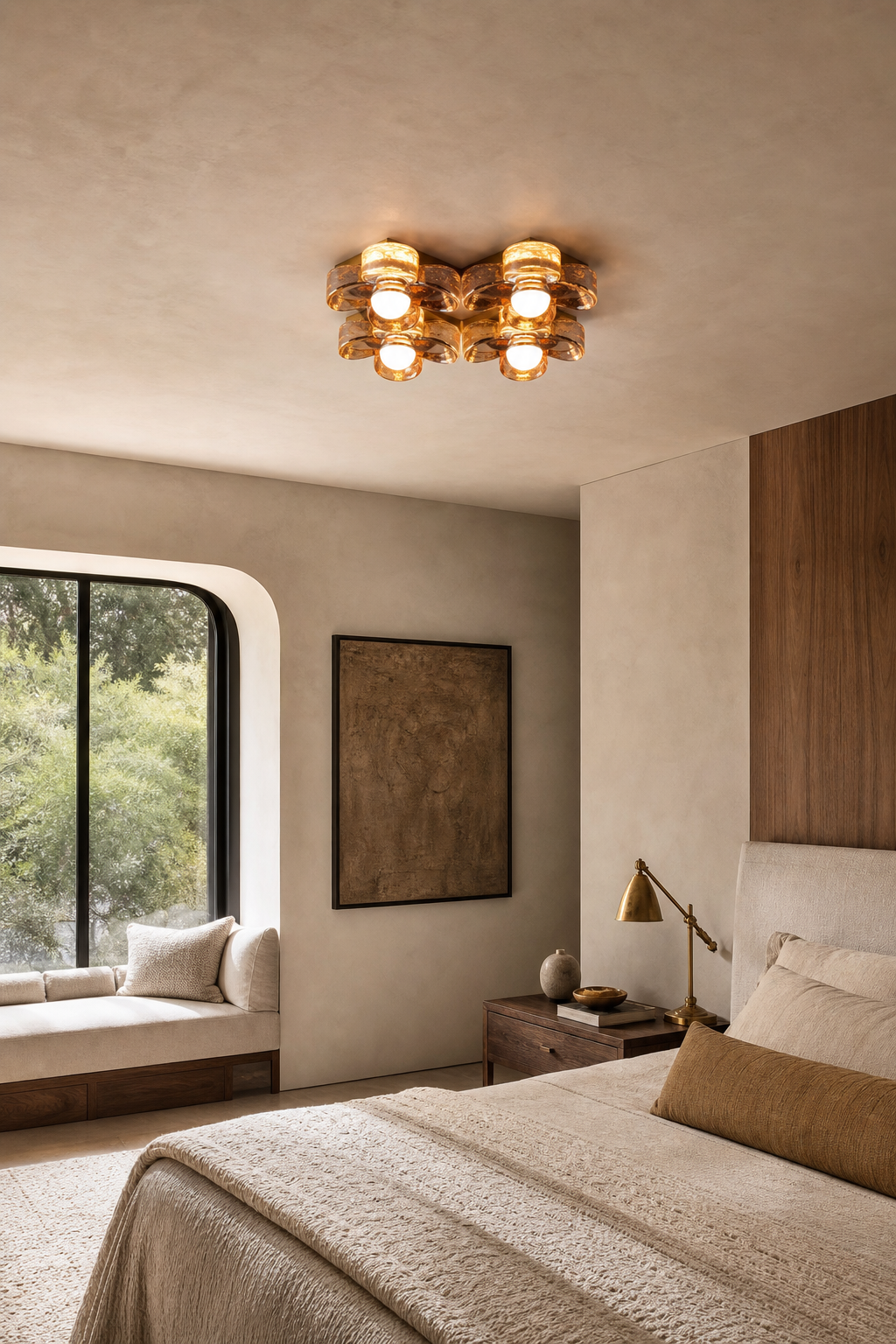 4-Light Amber Glass Flush Mount Ceiling Light installed in a bedroom