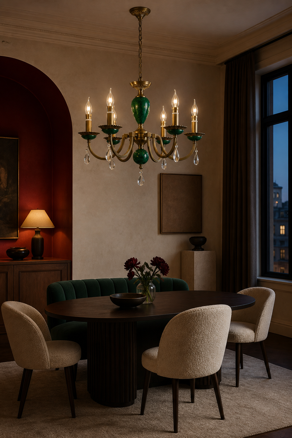 Valeria chandelier in an evening jewel-toned salon