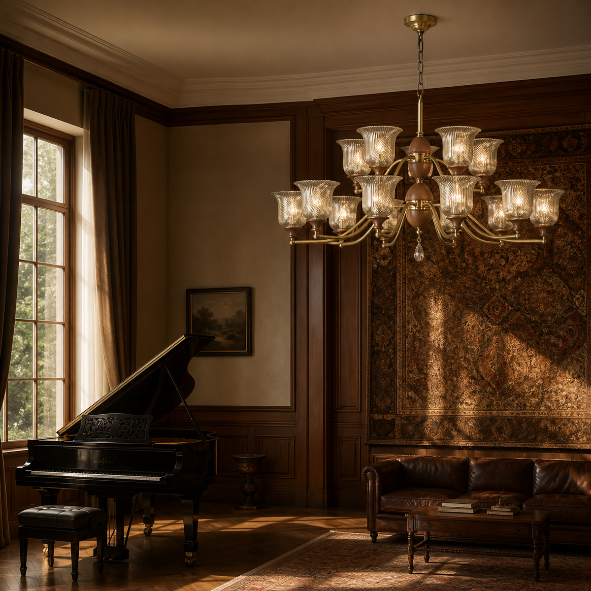Elowen 10 plus 5 two-tier chandelier in a right-weighted walnut music salon
