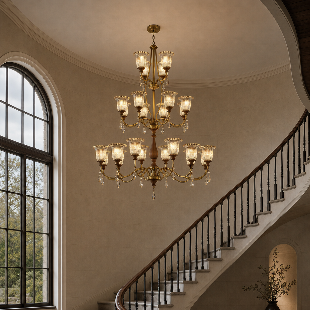 Rosalind 12 plus 8 plus 4 three-tier chandelier in a curved stair hall - corrected over open stairwell with flush ceiling canopy
