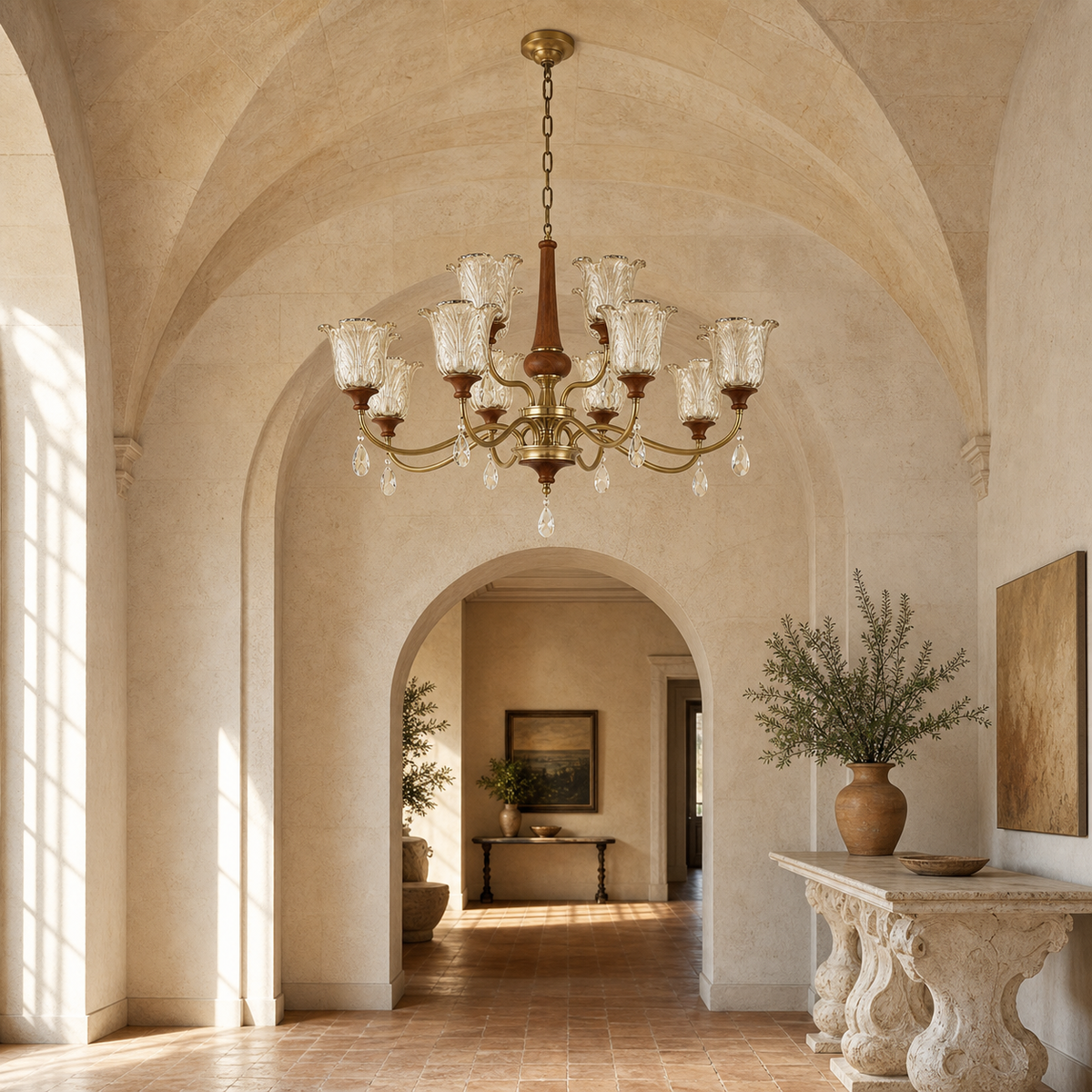Aurelia eight plus four two-tier chandelier in a limestone vaulted gallery