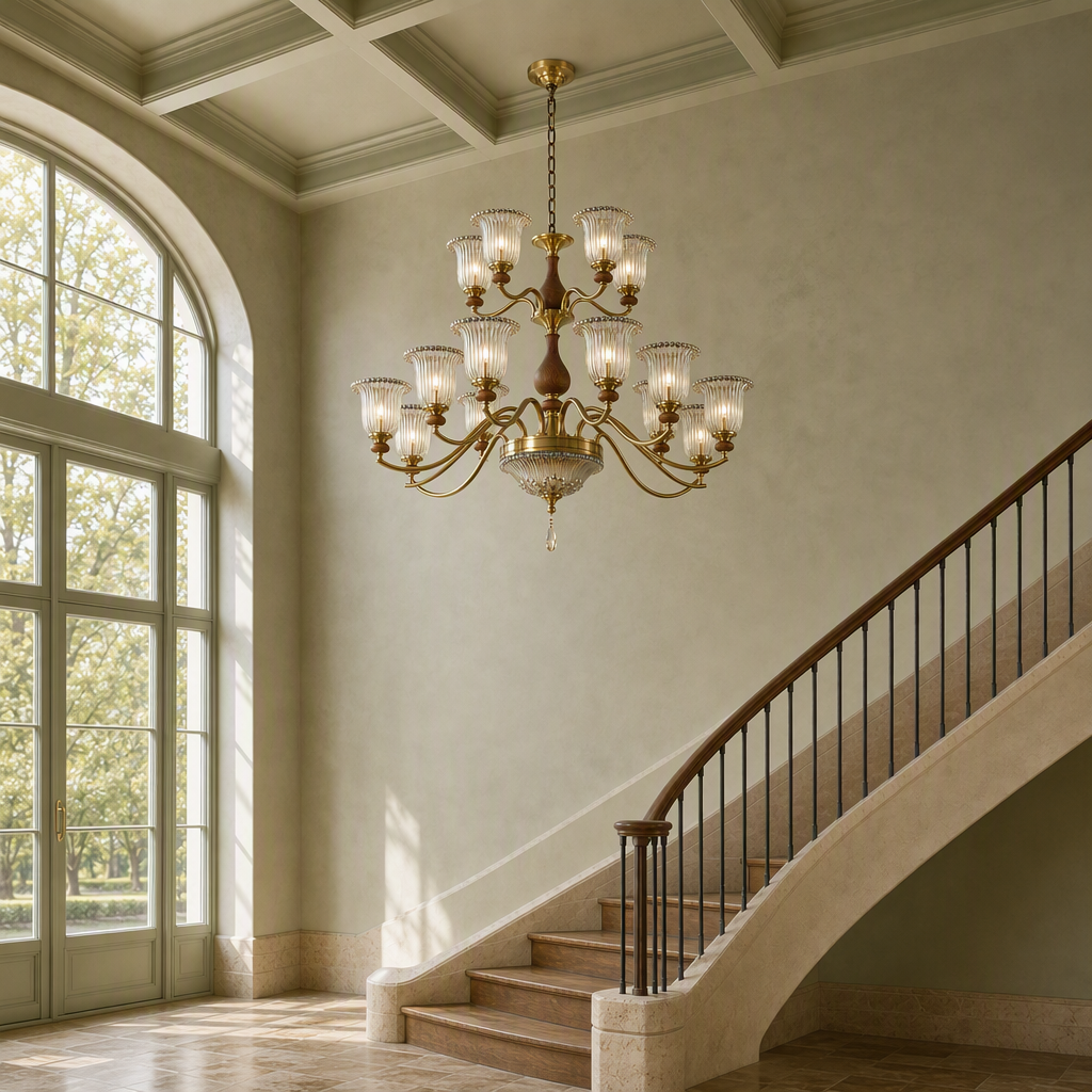 Twelve-light eight plus four two-tier chandelier in a pale sage stair hall - corrected over open stairwell with flush ceiling canopy