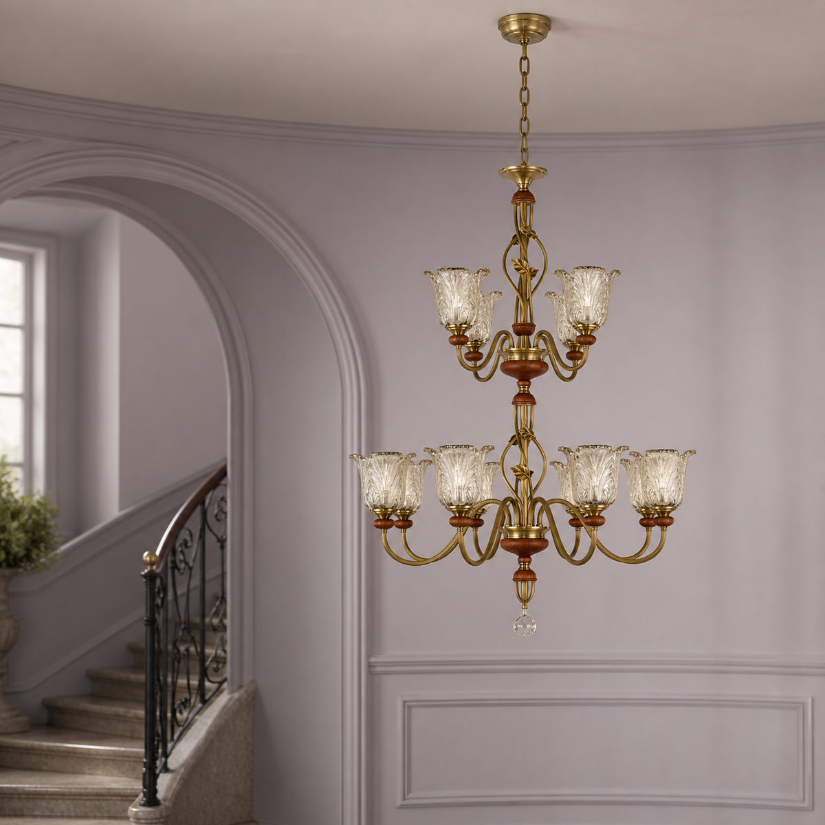 Twelve-light eight plus four two-tier sculpted leaf glass chandelier in a lavender-gray stair hall