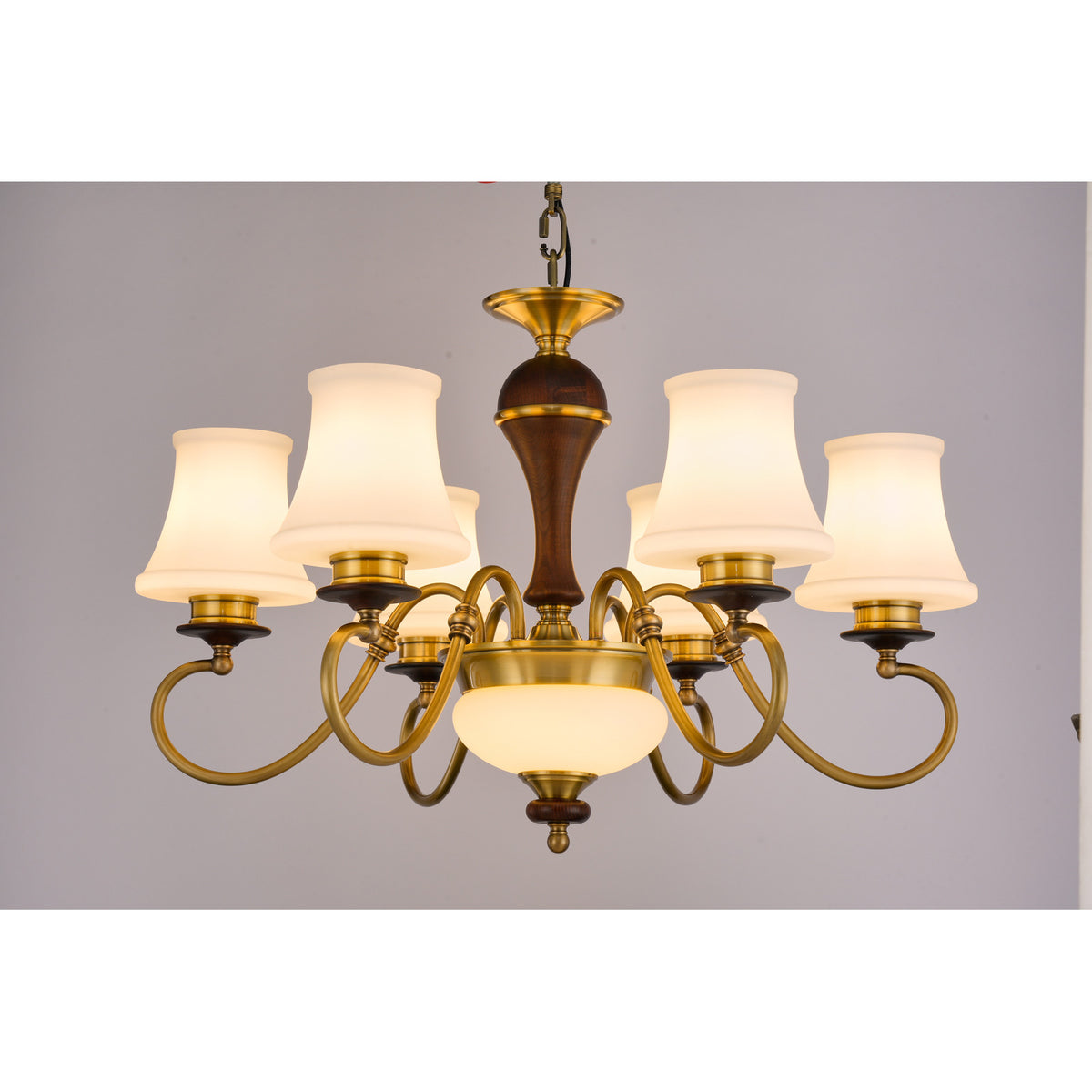 Supplier real photograph of the Glenhaven five-light chandelier complete lit front view