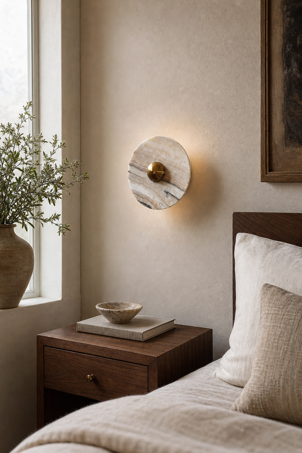 Banded Natural Stone Disc Wall Sconce — gold bedroom bedside daylight