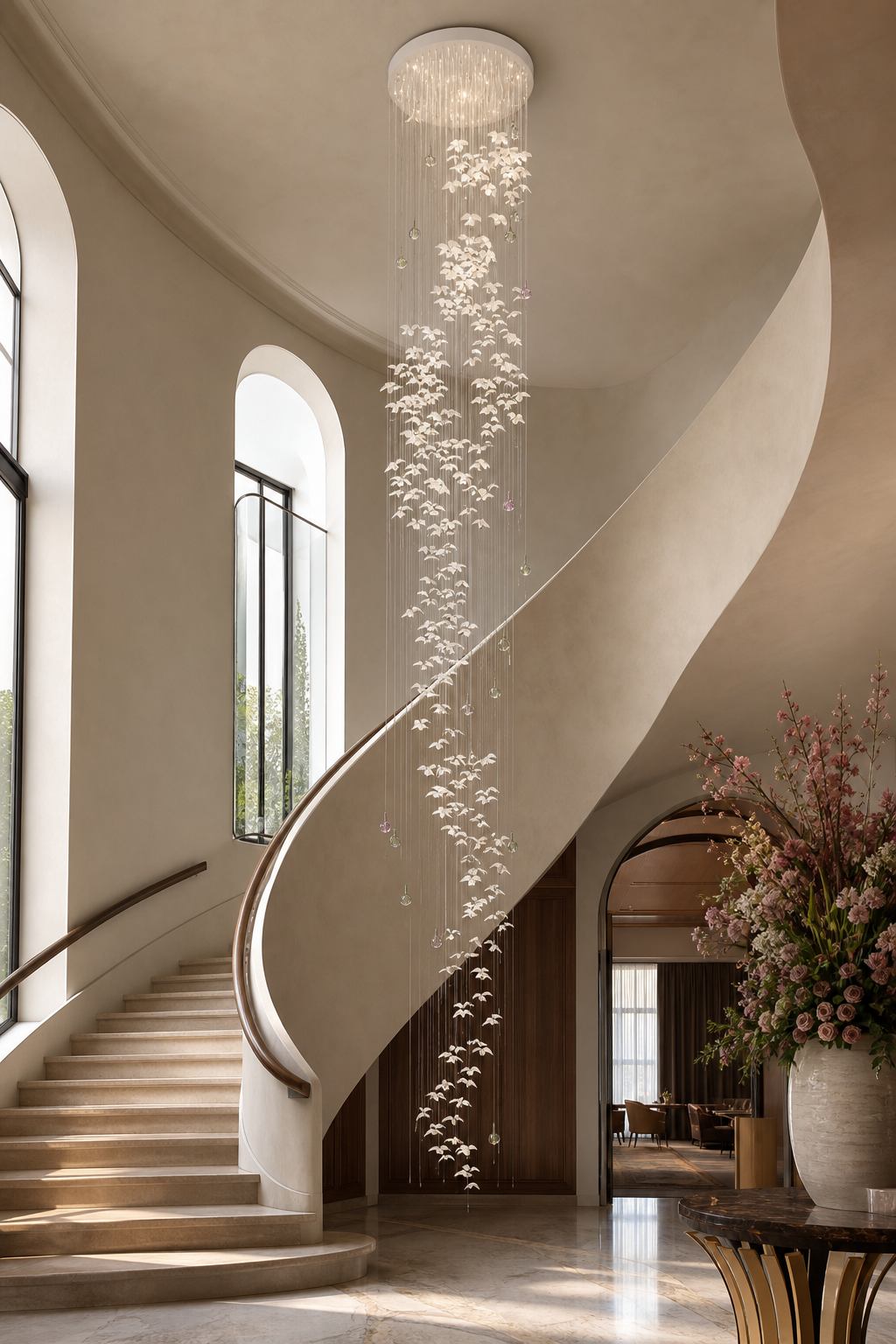 Floating Orchid Ceramic Grand Cascade Chandelier grand staircase wide