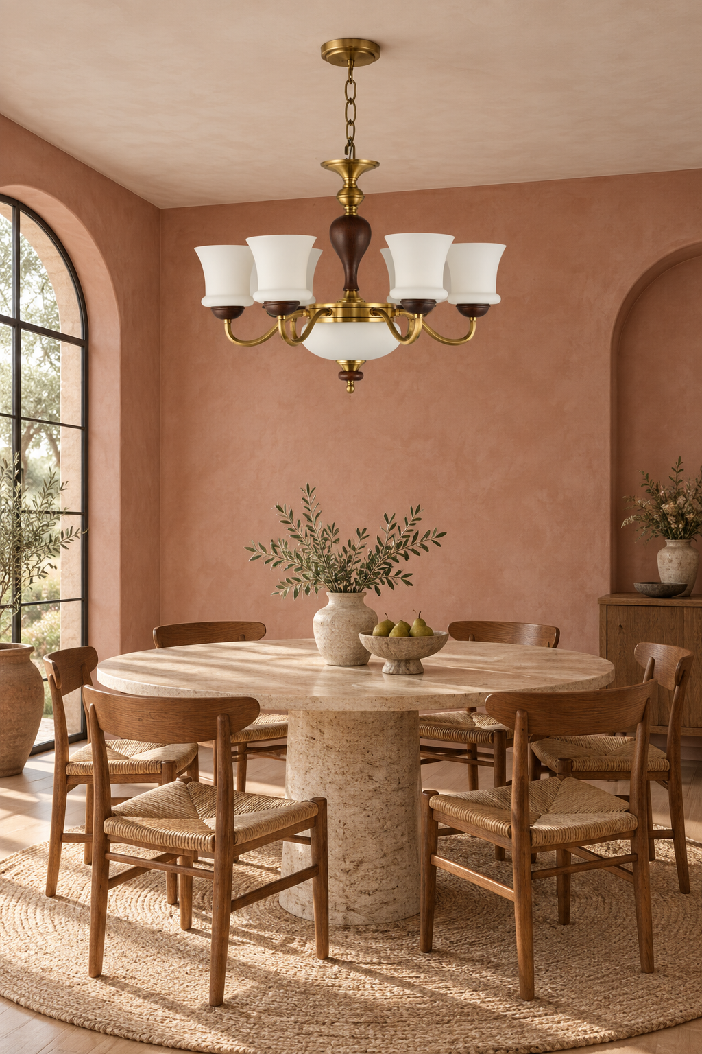 Halveraine six-light chandelier centered above a round breakfast table in a dusty-rose room, fixture off