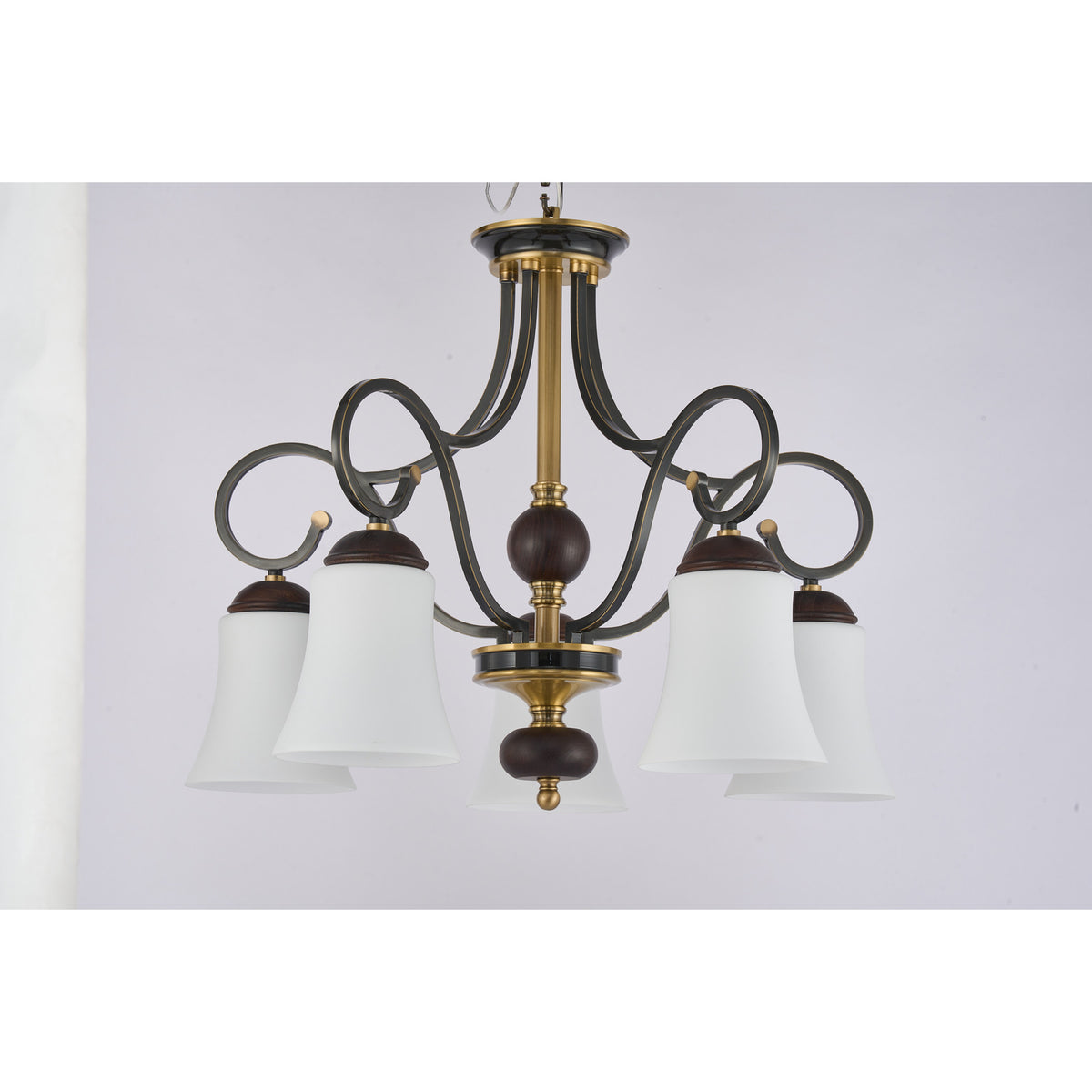 Supplier real photograph of the Haverford five-light downward chandelier complete unlit front view