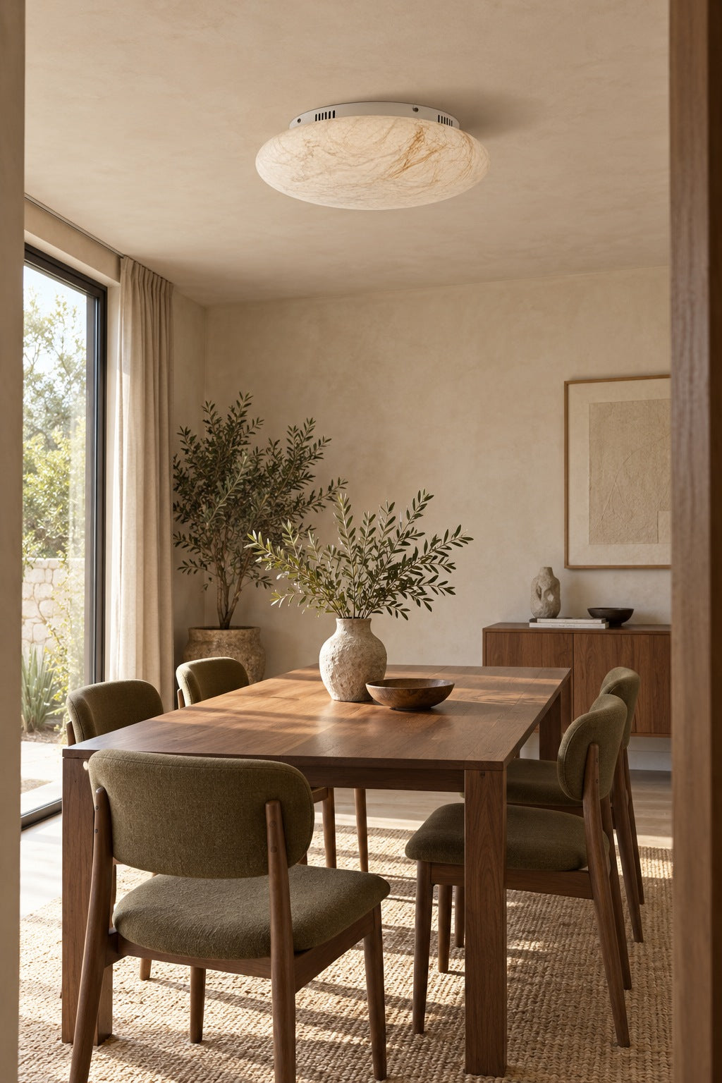 Round silk and hemp ceiling light switched off in a dining room