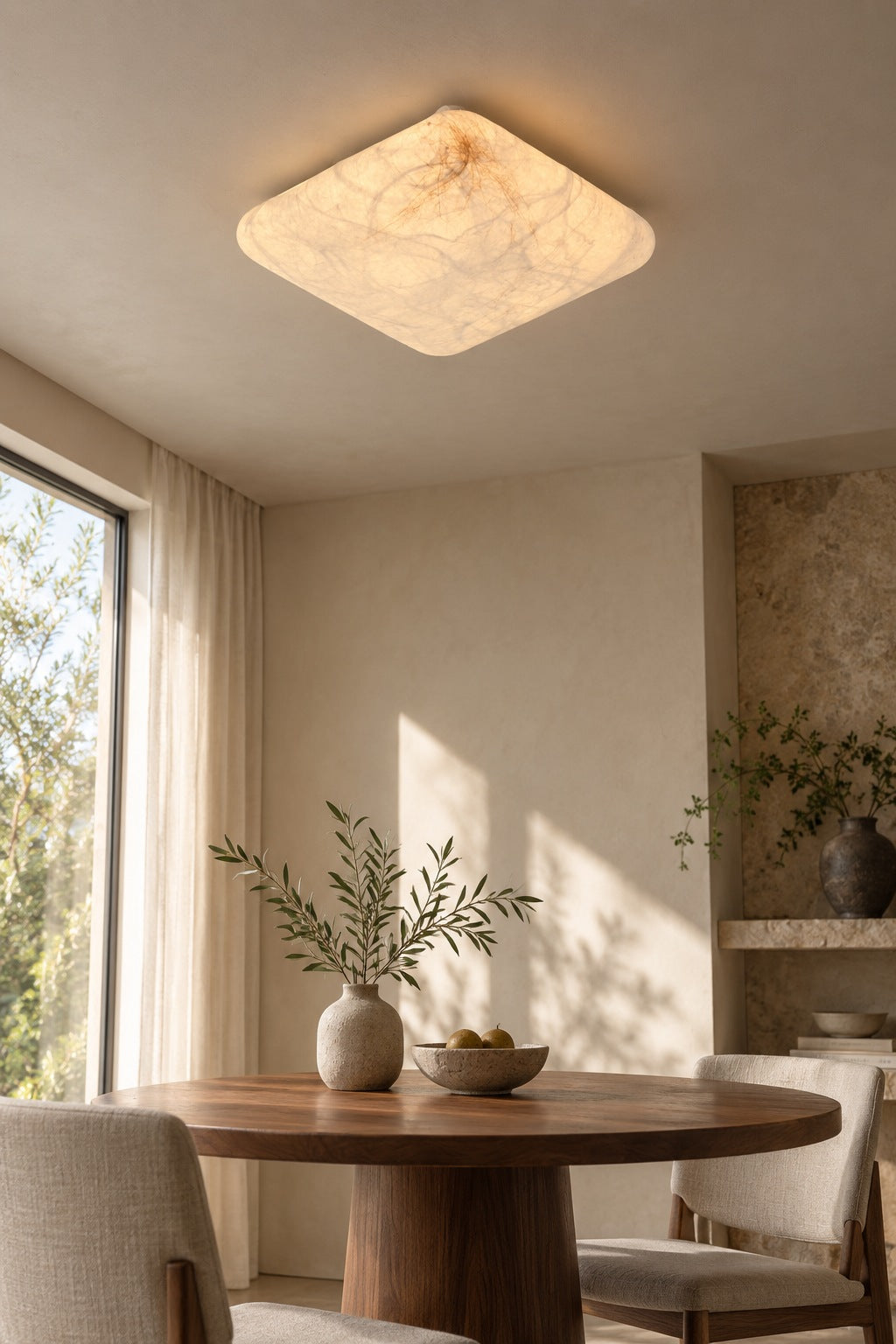 Silk and hemp square ceiling light in a dining room illuminated