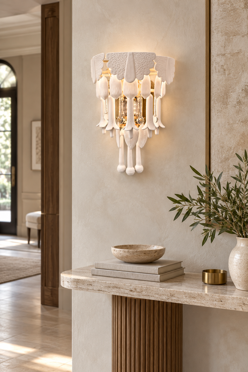 Muguetelle ivory ceramic wall sconce in a boutique hotel corridor