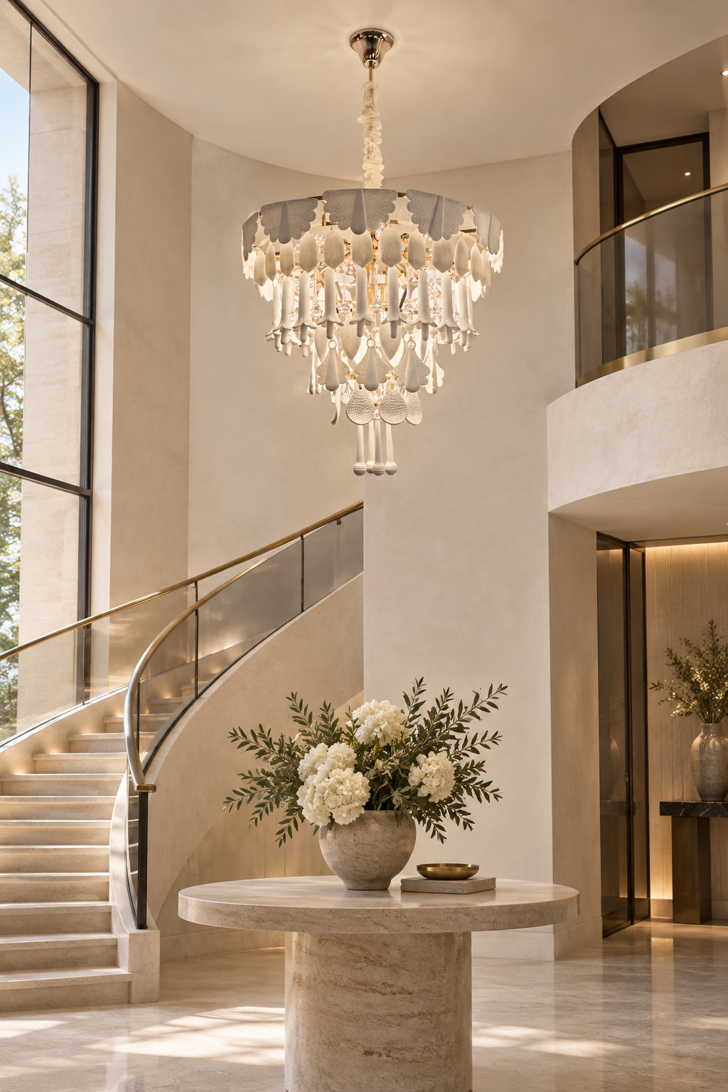 Muguetelle ivory ceramic chandelier in a boutique hotel stair foyer