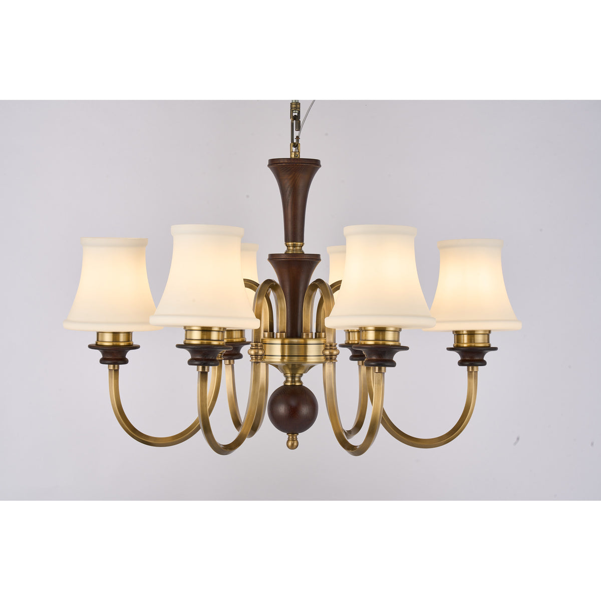 Supplier real photograph of the Kingswell six-light chandelier complete lit front view
