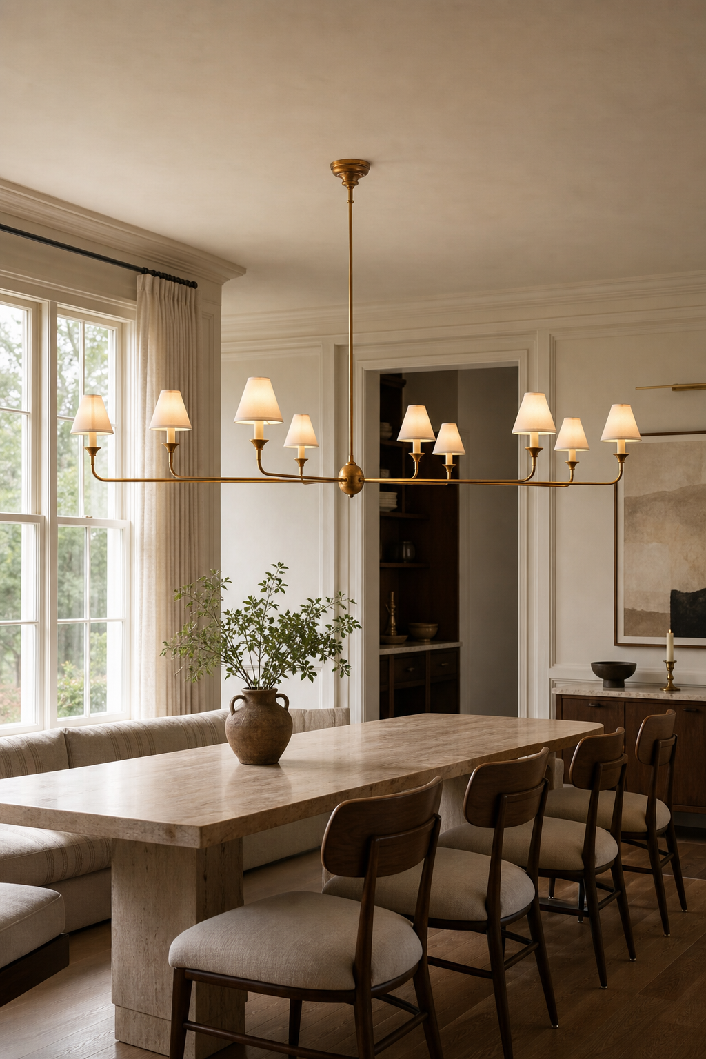 Tiered Brass and Fabric Linear Chandelier shown in a bright kitchen dining area, view 3