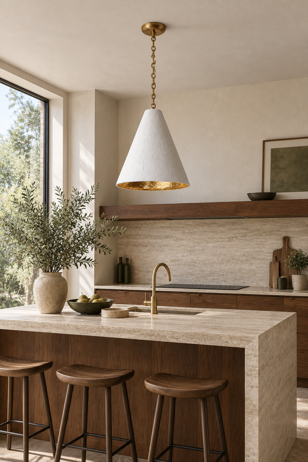 Hand-Textured Plaster Cone Pendant Light above a walnut and travertine kitchen island