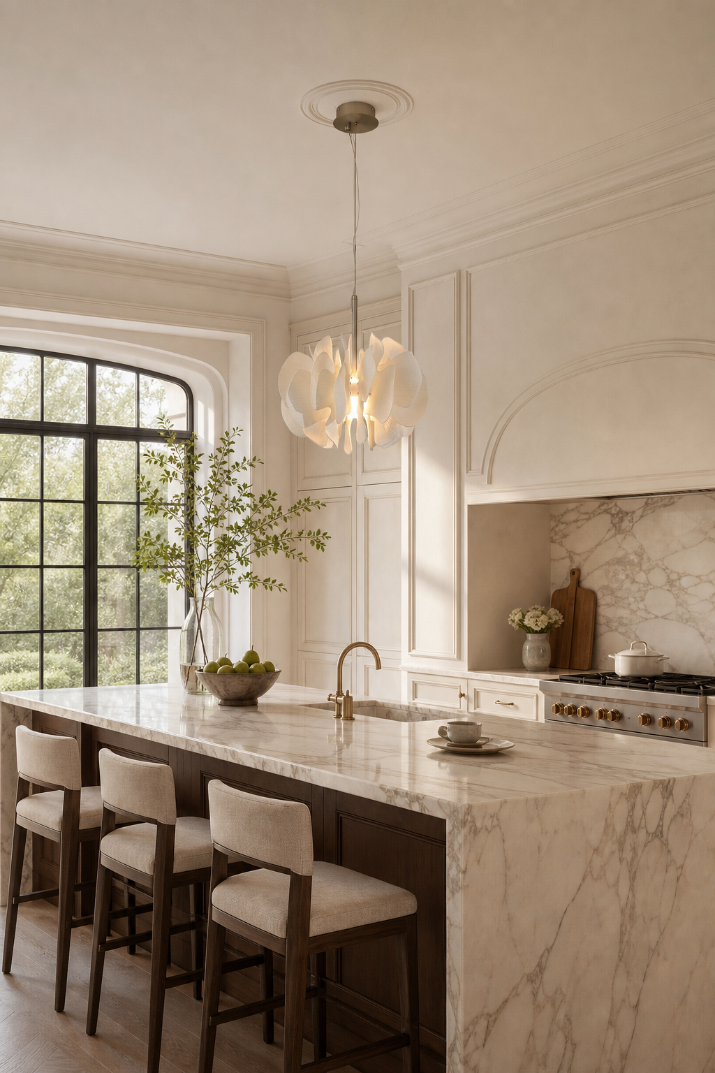 Sculptural Ivory Ceramic Petal Pendant kitchen island wide