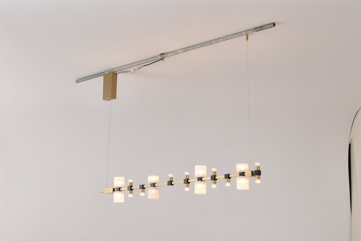 High-resolution real view of the Royal linear pendant illuminated acrylic diffusers and connectors