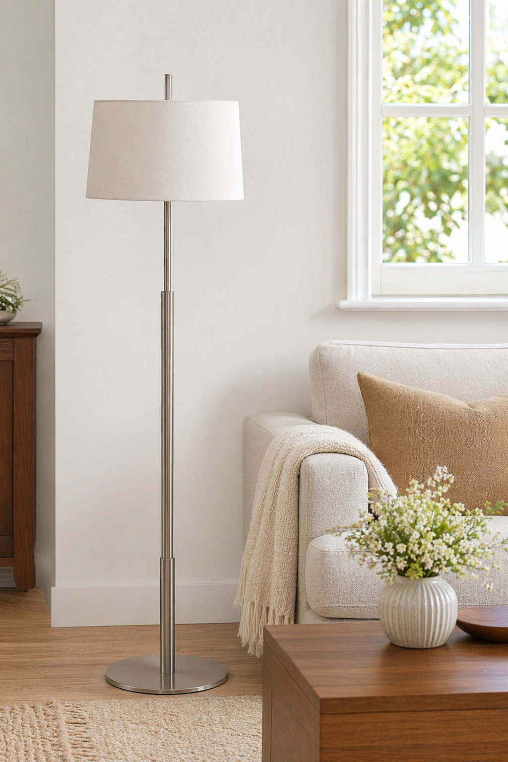 Modern Satin Nickel Off-White Fabric Lamp - generated main 03 03-living-room-wide