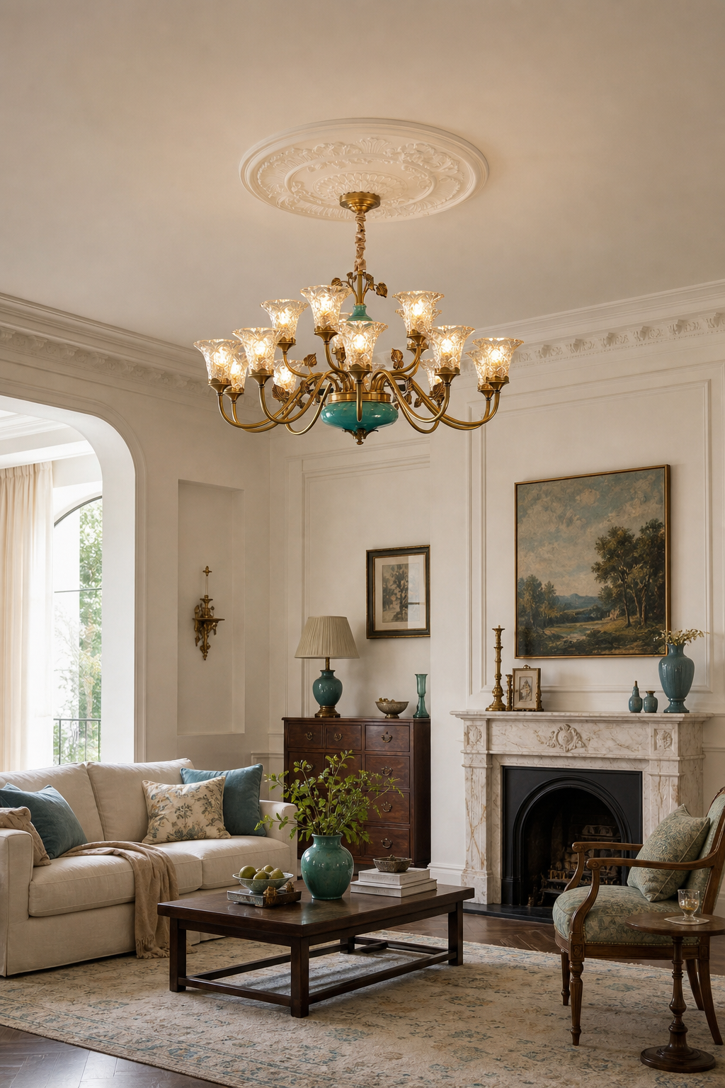 Tiffany Blue Ceramic Two-Tier Chandelier living room wide