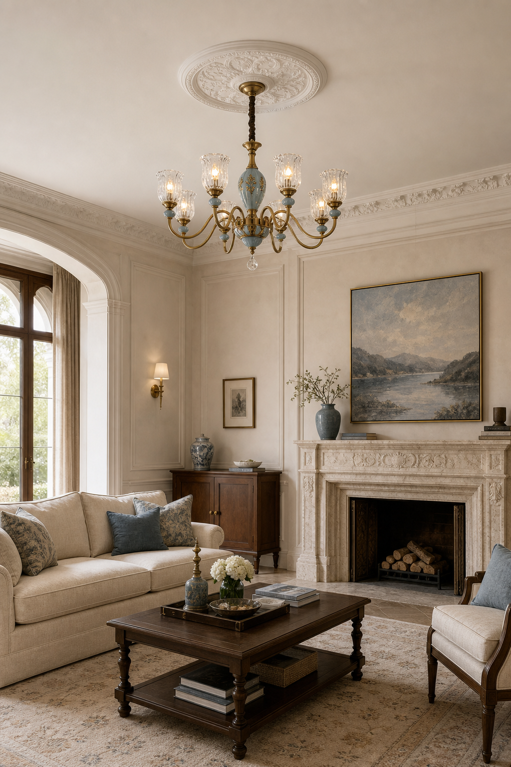 Blue Glazed Ceramic Brass Chandelier living room wide