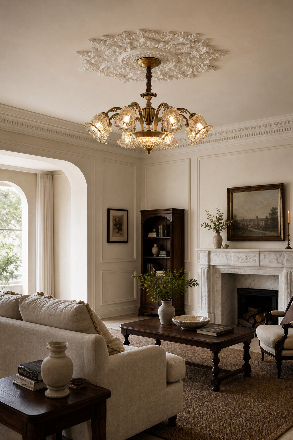 Vintage Brass Floral Glass Chandelier living room wide