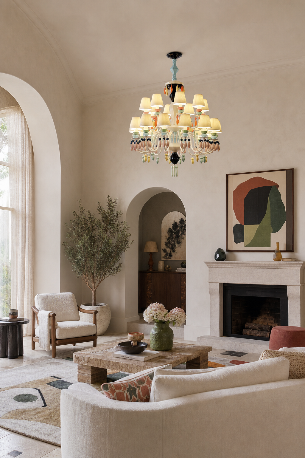 Pastel Ceramic Double-Tier Chandelier in a bright living room