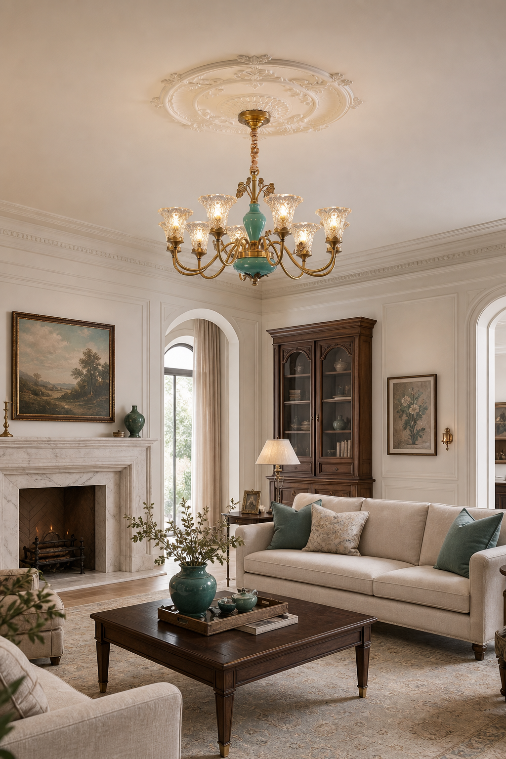 Tiffany Blue Ceramic Brass Chandelier living room wide