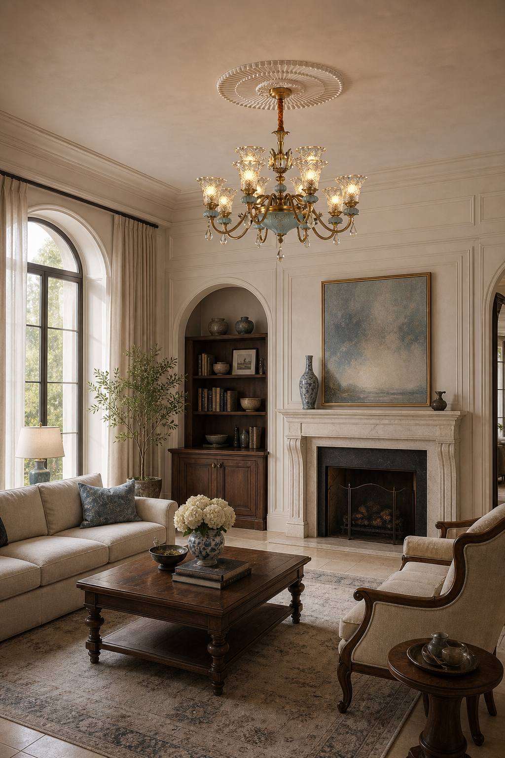 Blue Glazed Ceramic Two-Tier Chandelier living room wide