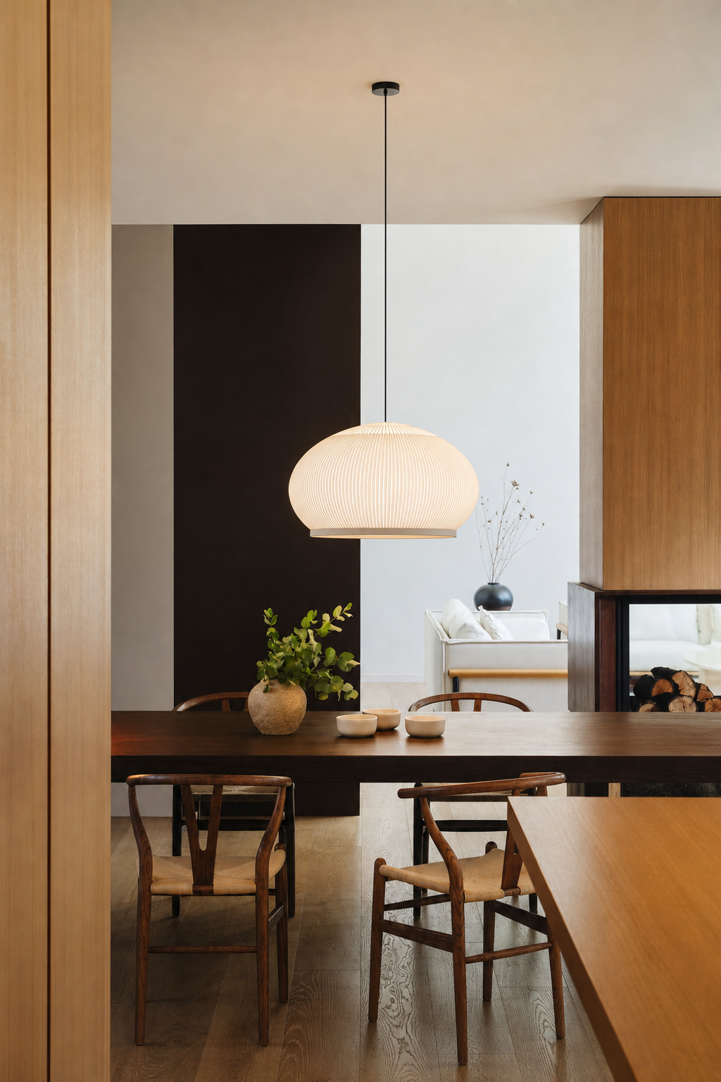 Low-wide ribbed textile pendant light above a contemporary dining table