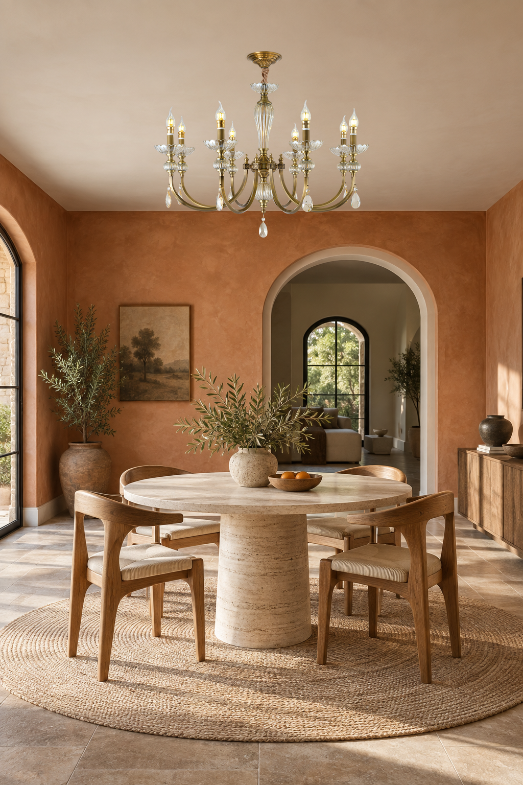 Lucerayne eight-light chandelier centered above a round travertine table in a terracotta breakfast room