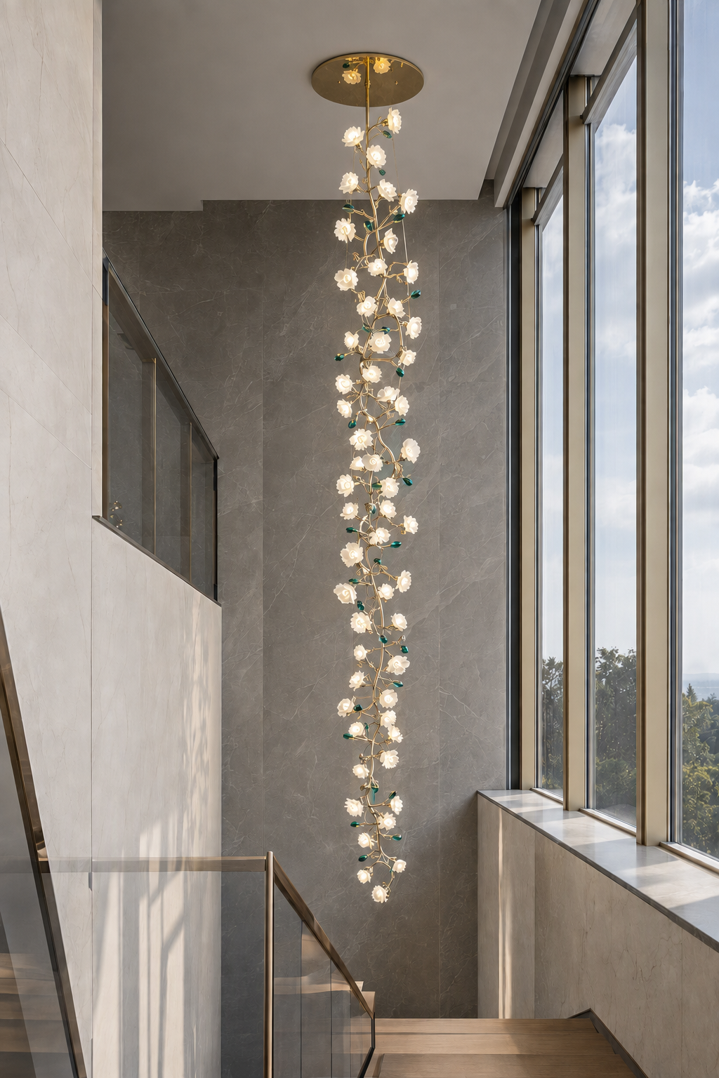 Sylverelle long chandelier – luxury staircase void with flat round canopy