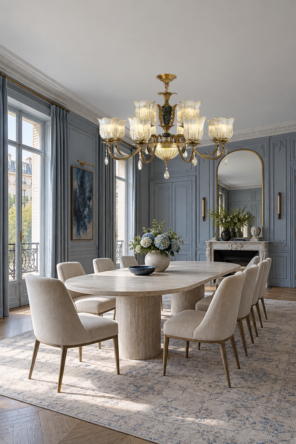 Marmavelle twelve-light two-tier chandelier above a long pale-stone table in a blue-gray gallery dining room