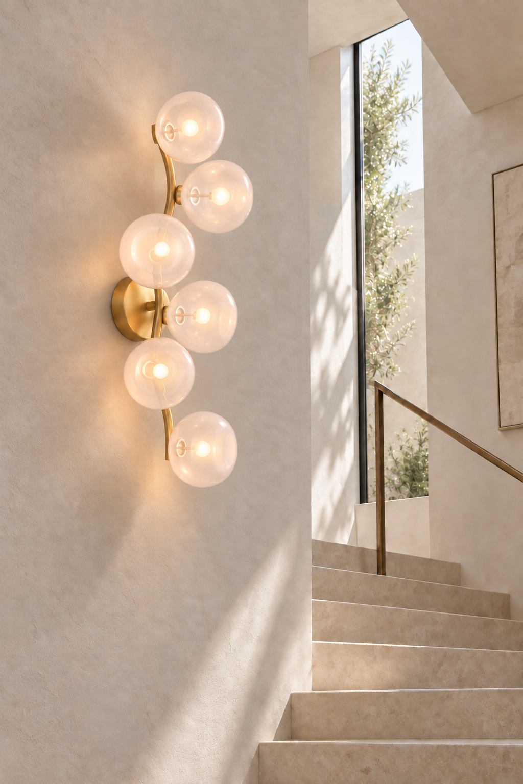 Modern Glass Globe Branch Wall Sconce in Natural Brass - 6-shade blush glass sconce beside modern staircase