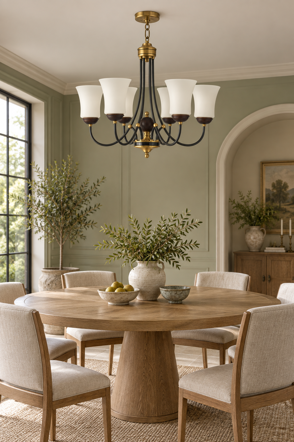 Mornvale six-light chandelier centered above a round table in a sage and limestone dining room, fixture off