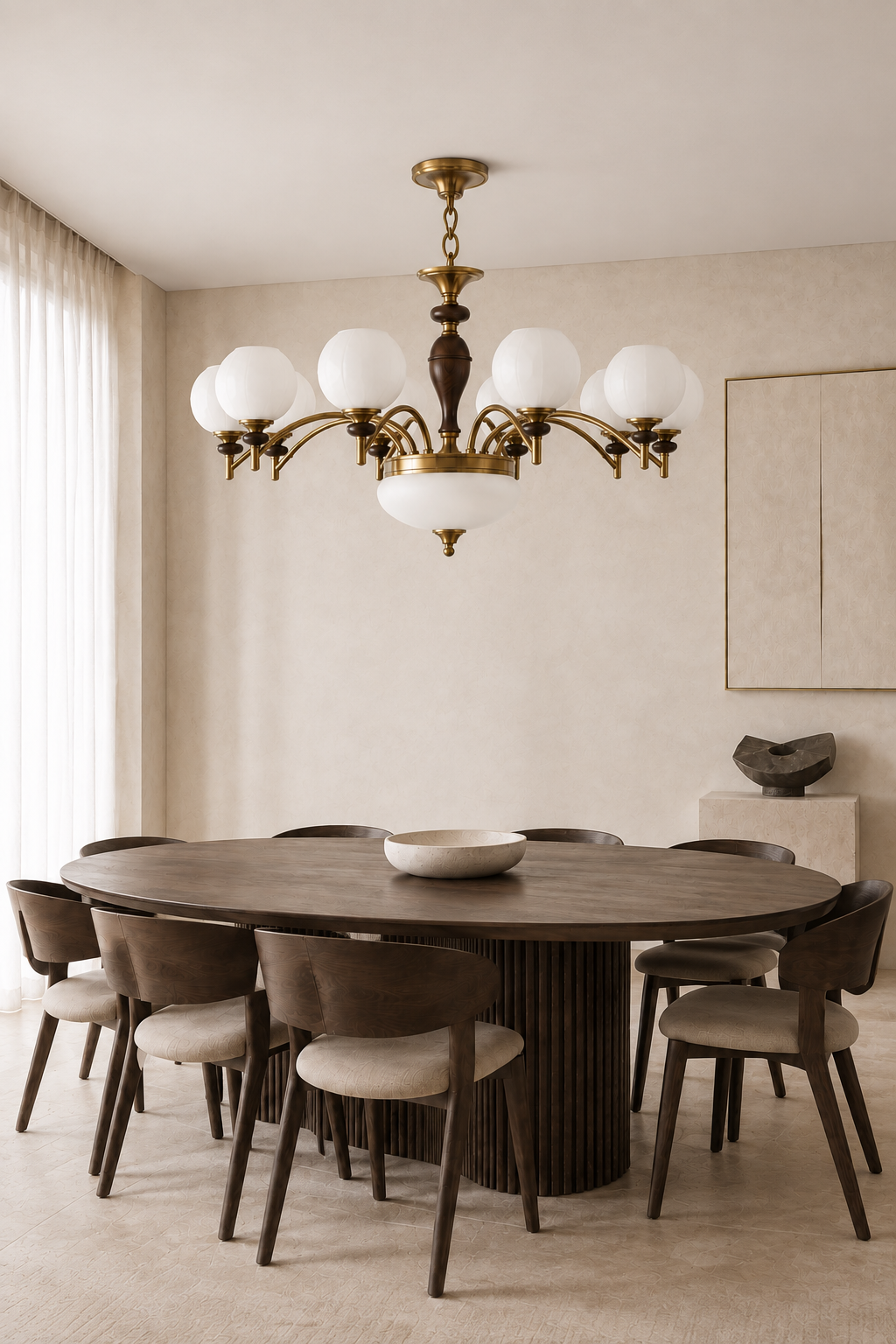 Orbemere ten-light chandelier centered over an oval walnut dining table in a beige gallery with the fixture off