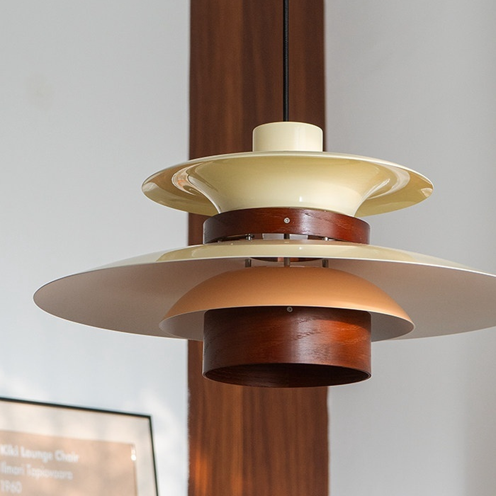 Layered Aluminum and Walnut Pendant Light — painted metal and walnut joint detail