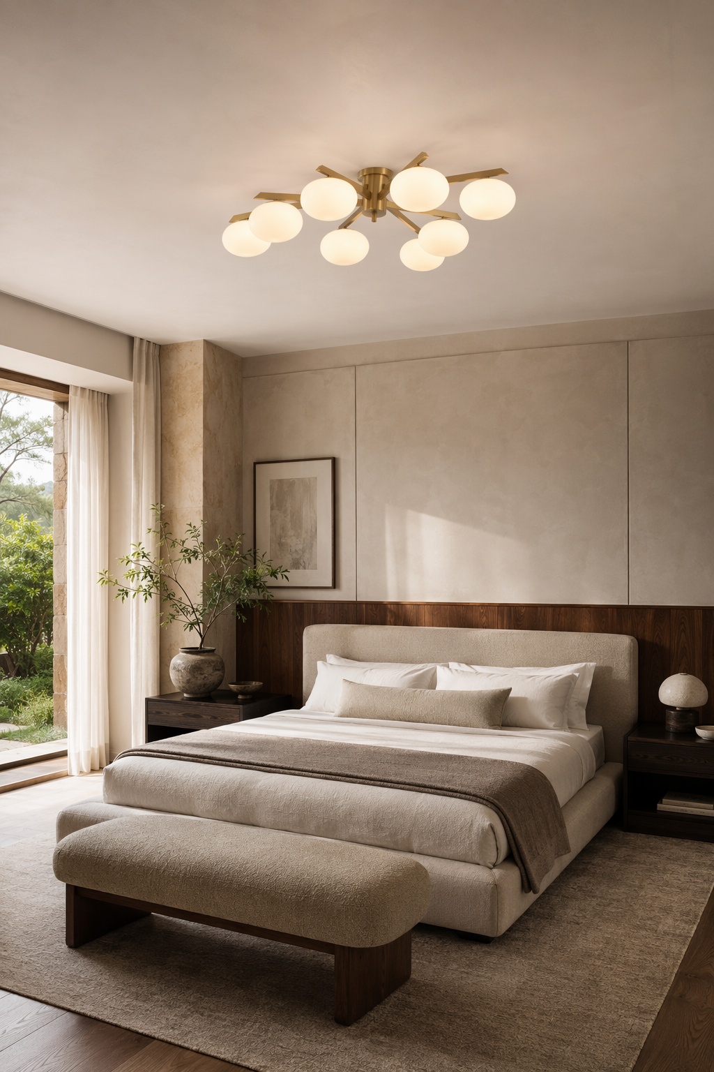 Solid Brass Opal Glass Semi-Flush Ceiling Light installed in a bedroom, view 3