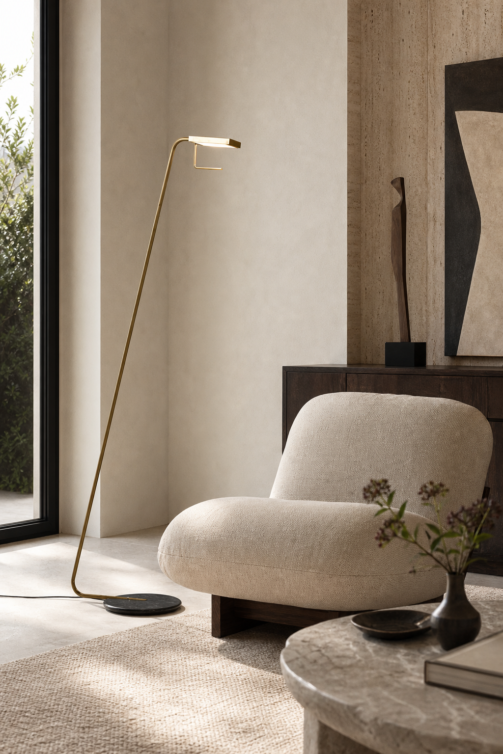 Antique Brass Marble LED Floor Lamp styled in a study or reading area, view 3