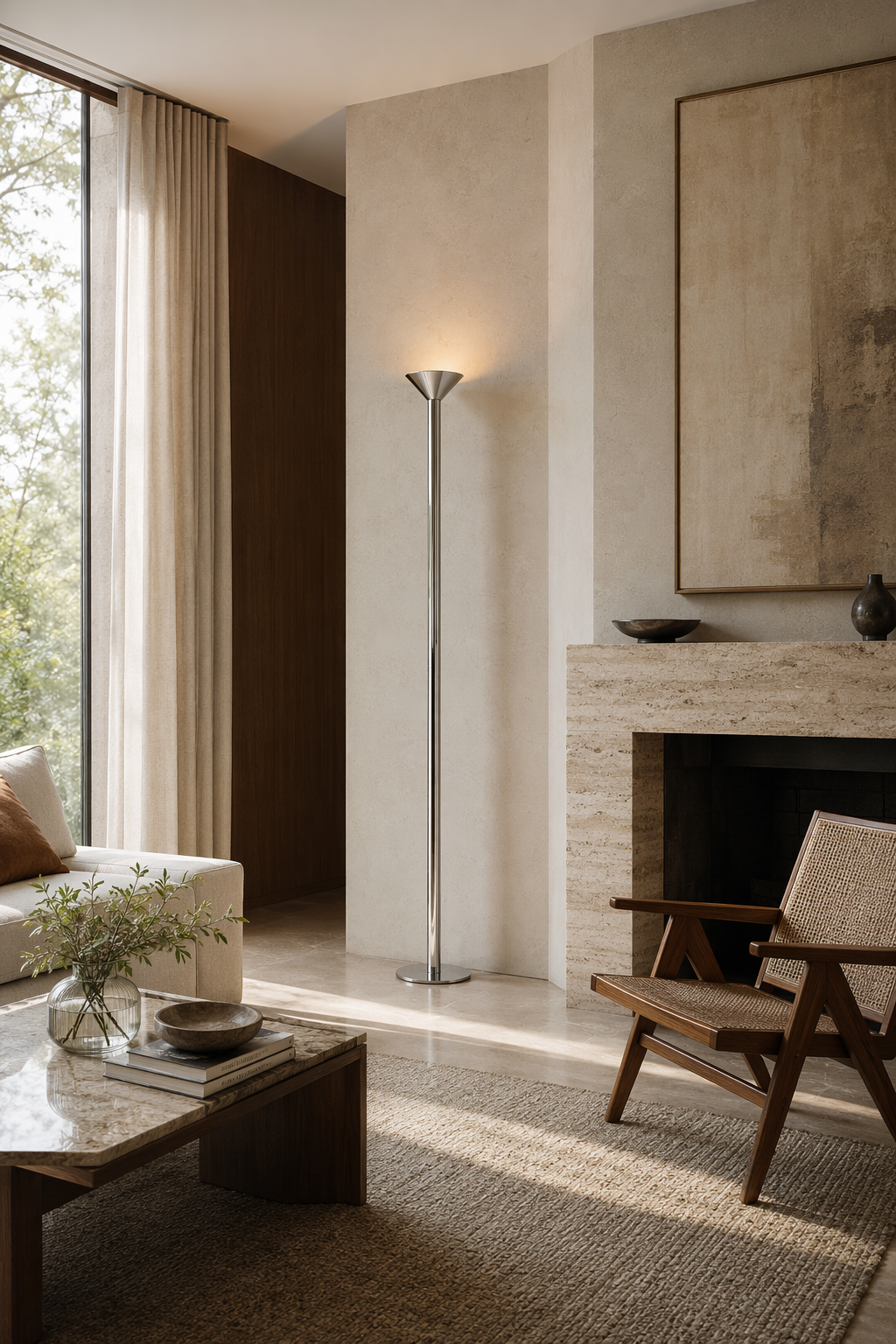 Minimalist Cone LED Floor Lamp in chrome styled in a designer interior, view 3