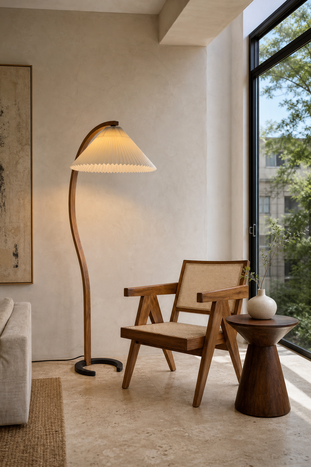 Sculptural Wood Floor Lamp — floor lamp in a daylight reading corner