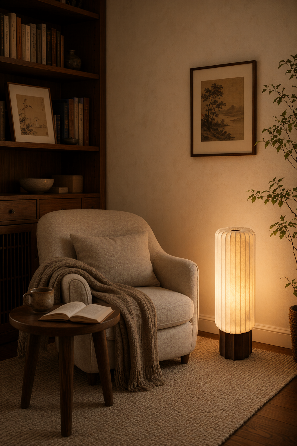 Modern Mulberry Silk Cylinder Table and Floor Lamp with Walnut Wood-Grain Base - product image 03