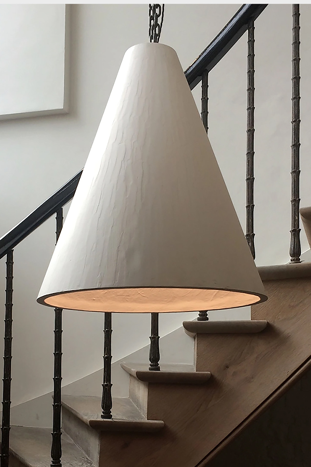 Hand-Textured Plaster Cone Pendant Light real installation 03 restored complete stair scene